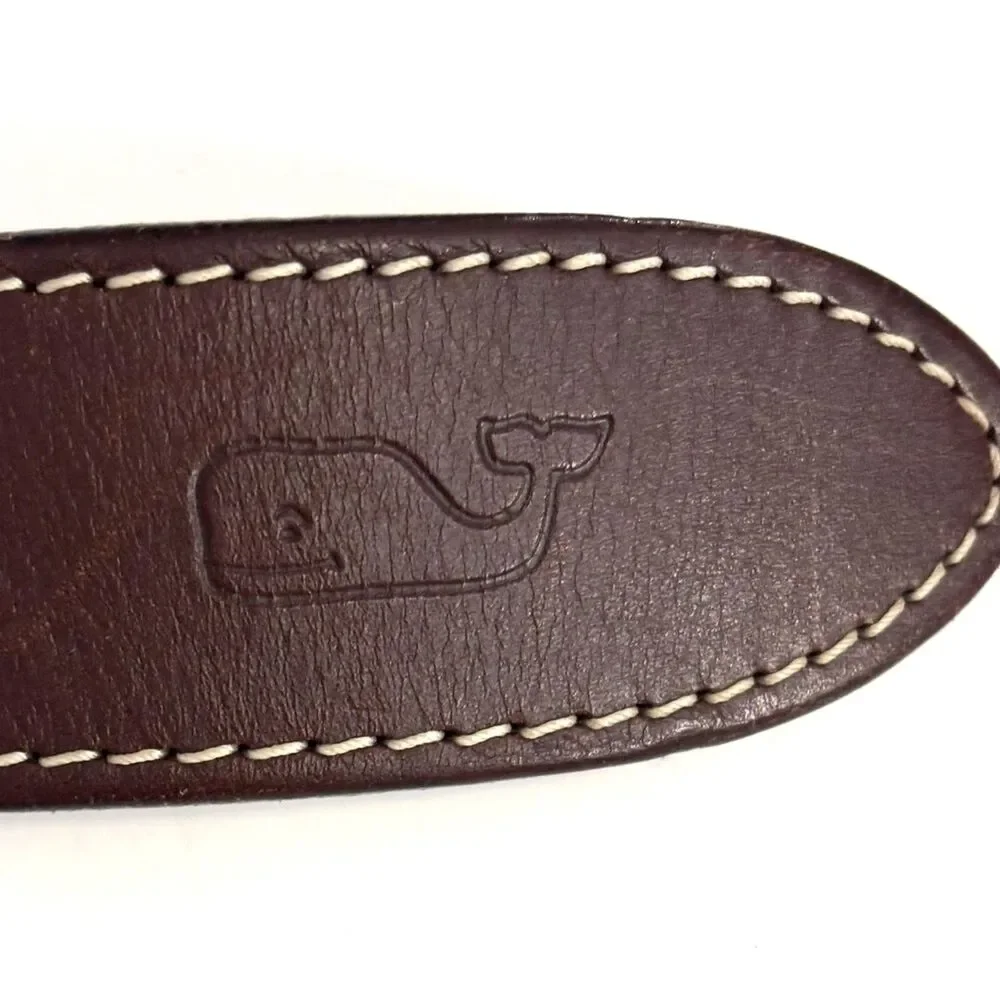 Vineyard Vines Whale Canvas Leather Belt Size 32 Navy Blue Brown Preppy
